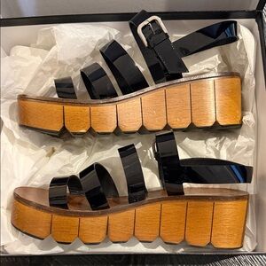 CHANEL Black Platform Sandals with Wooden Sole